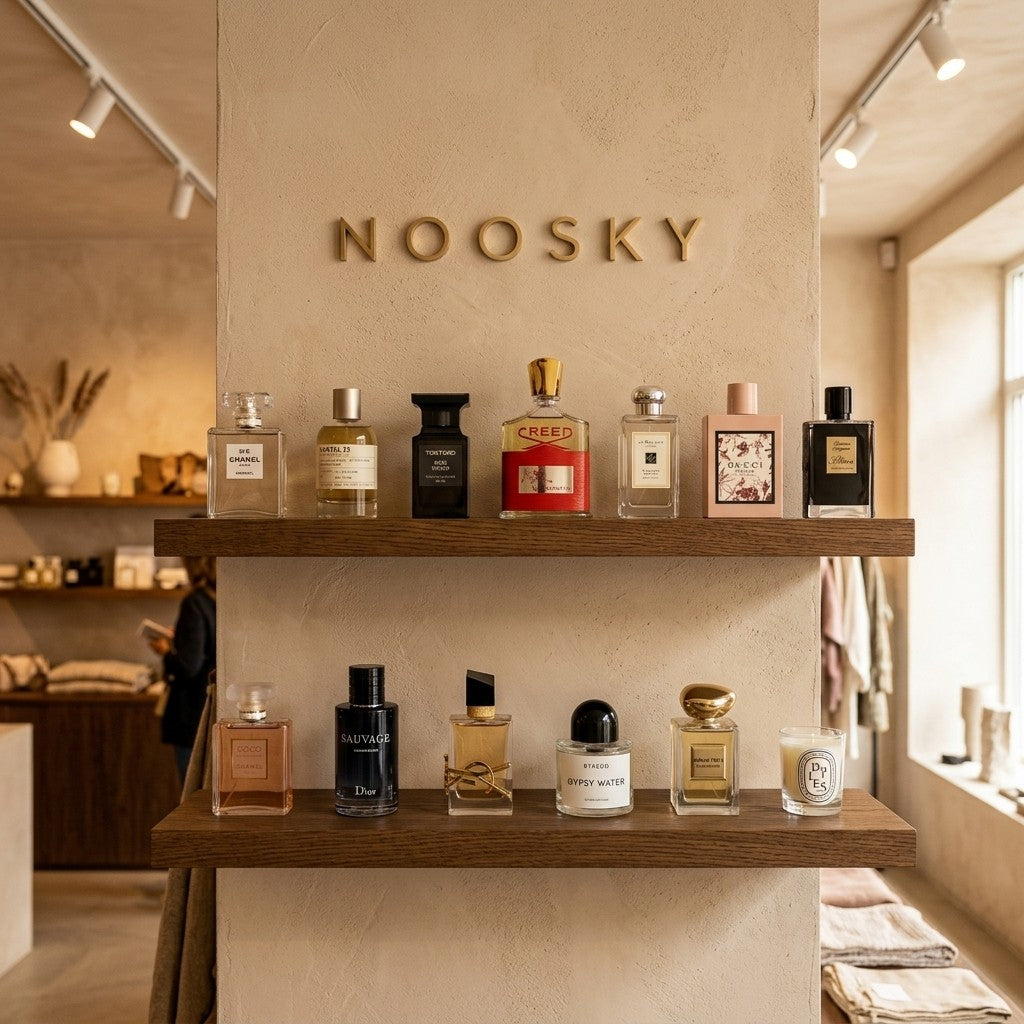 Designer fragrance bottles on wooden shelves under the NOOSKY sign