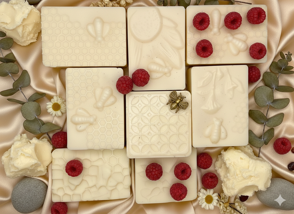 Raspberry Love Spell Shea Butter Cream, Organic Honey Artisan Soap Bar.