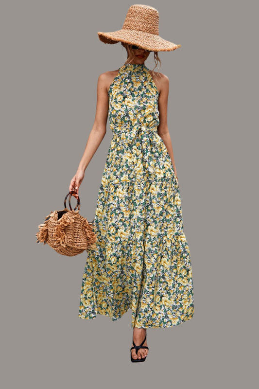 Printed Sleeveless Tie Waist Maxi Dress