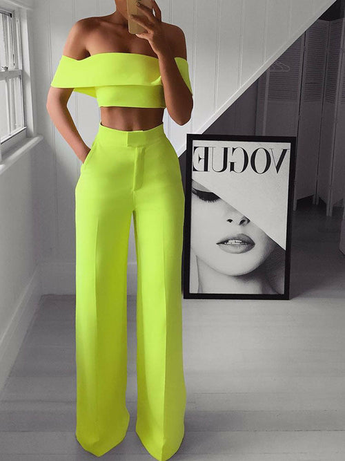 Off Shoulder Crop Tops & High Waist Trousers