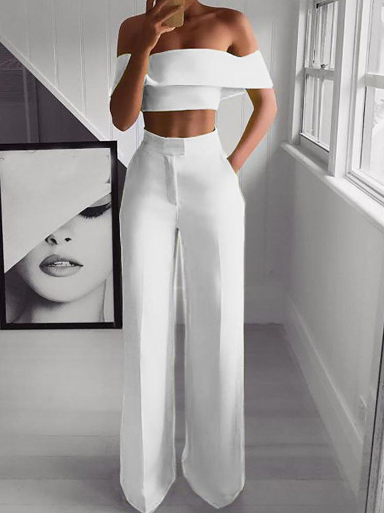 Off Shoulder Crop Tops & High Waist Trousers