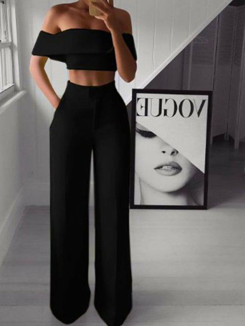 Off Shoulder Crop Tops & High Waist Trousers