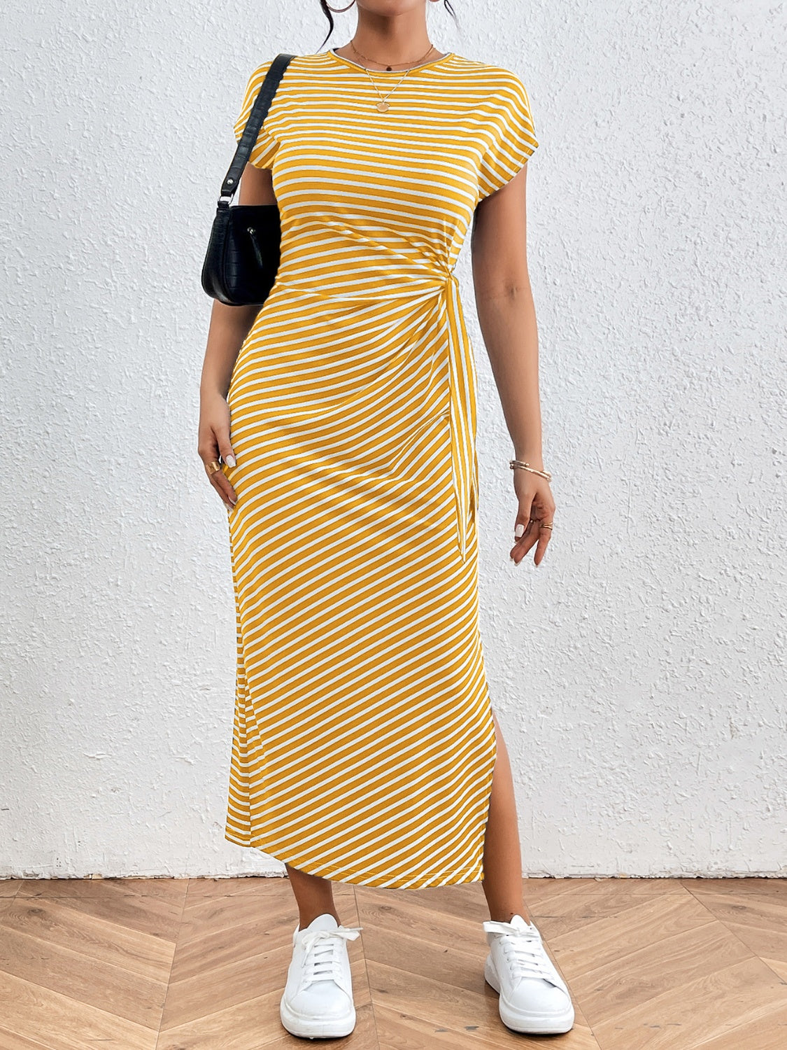 Tied Striped Round Neck Short Sleeve Tee Dress