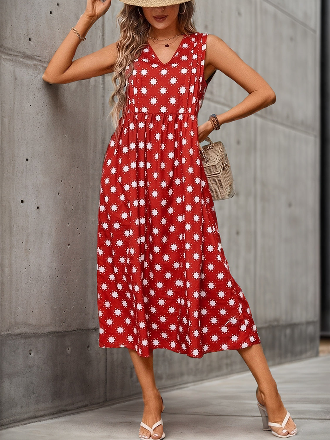 Printed V-Neck Sleeveless Midi Dress