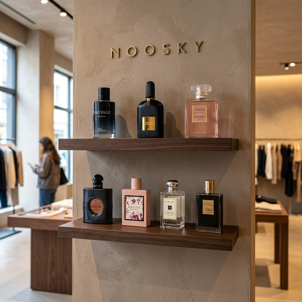 Perfume bottles displayed on two walnut shelves beneath the NOOSKY sign
