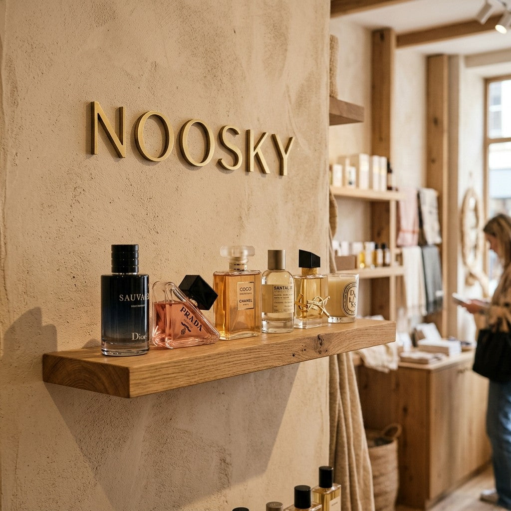 A single oak shelf of perfume bottles under the NOOSKY sign
