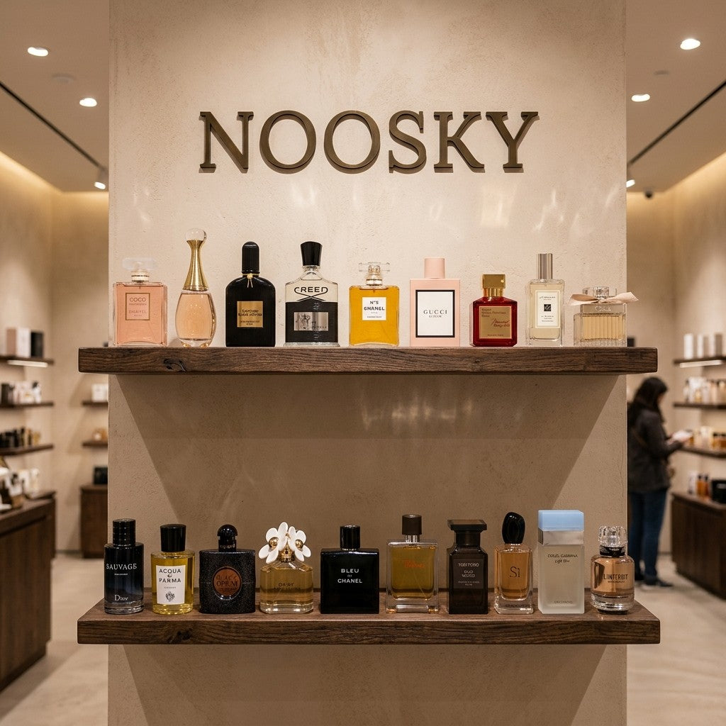 Two shelves of fragrance bottles under a large NOOSKY wall sign