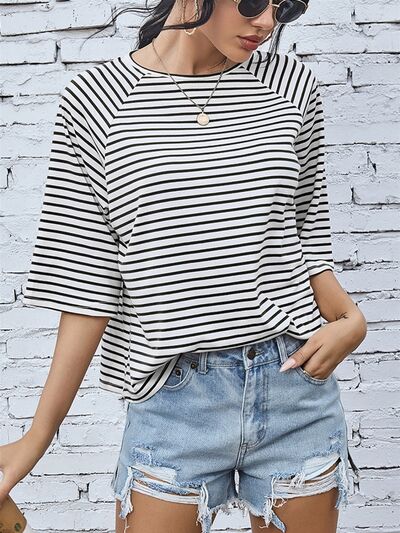 Raglan Sleeve Round Neck Striped  T-Shirt