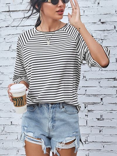 Raglan Sleeve Round Neck Striped  T-Shirt