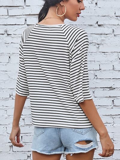 Raglan Sleeve Round Neck Striped  T-Shirt